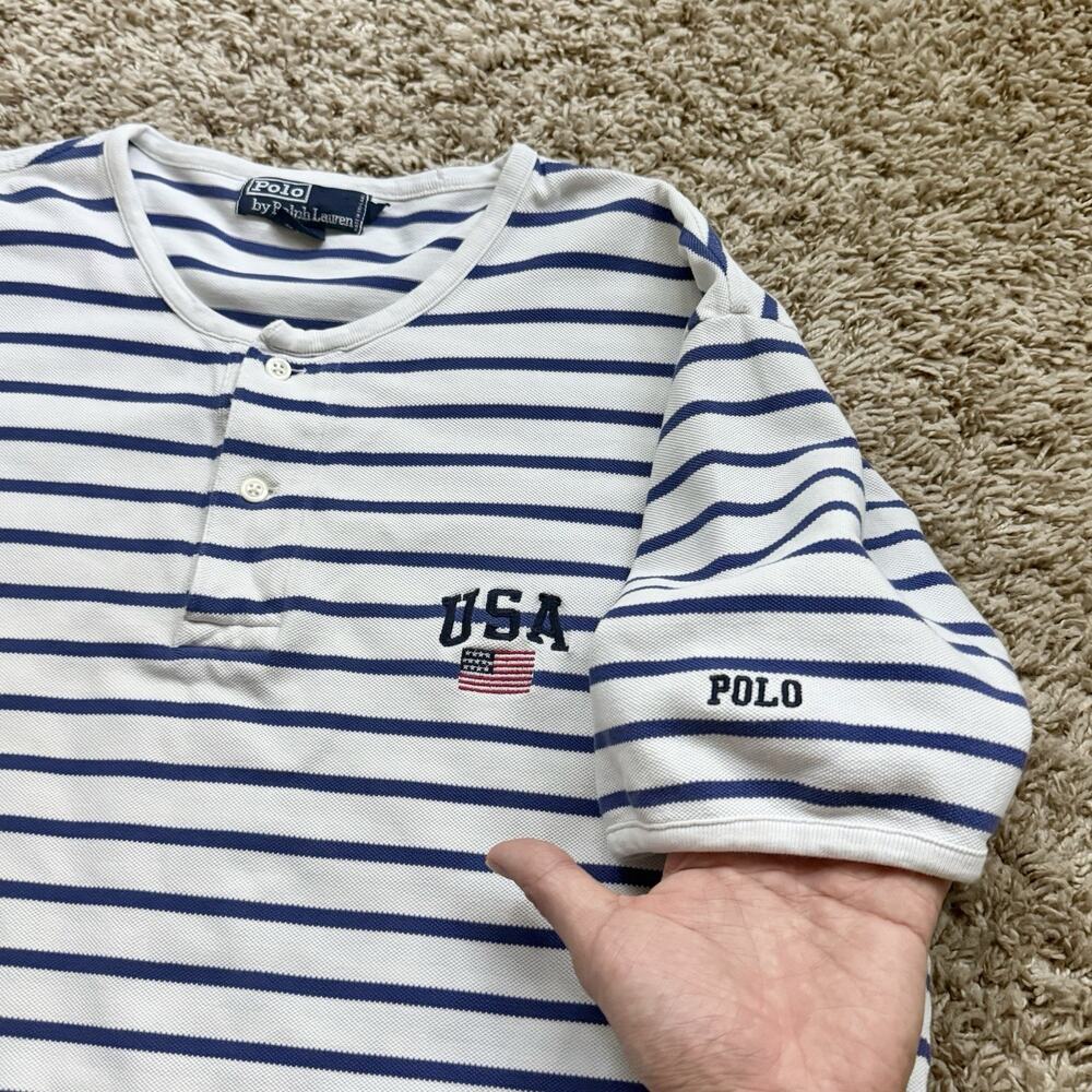 RARE Vintage Polo Ralph Lauren USA Striped White Blue Henley SS T-Shirt Size XL